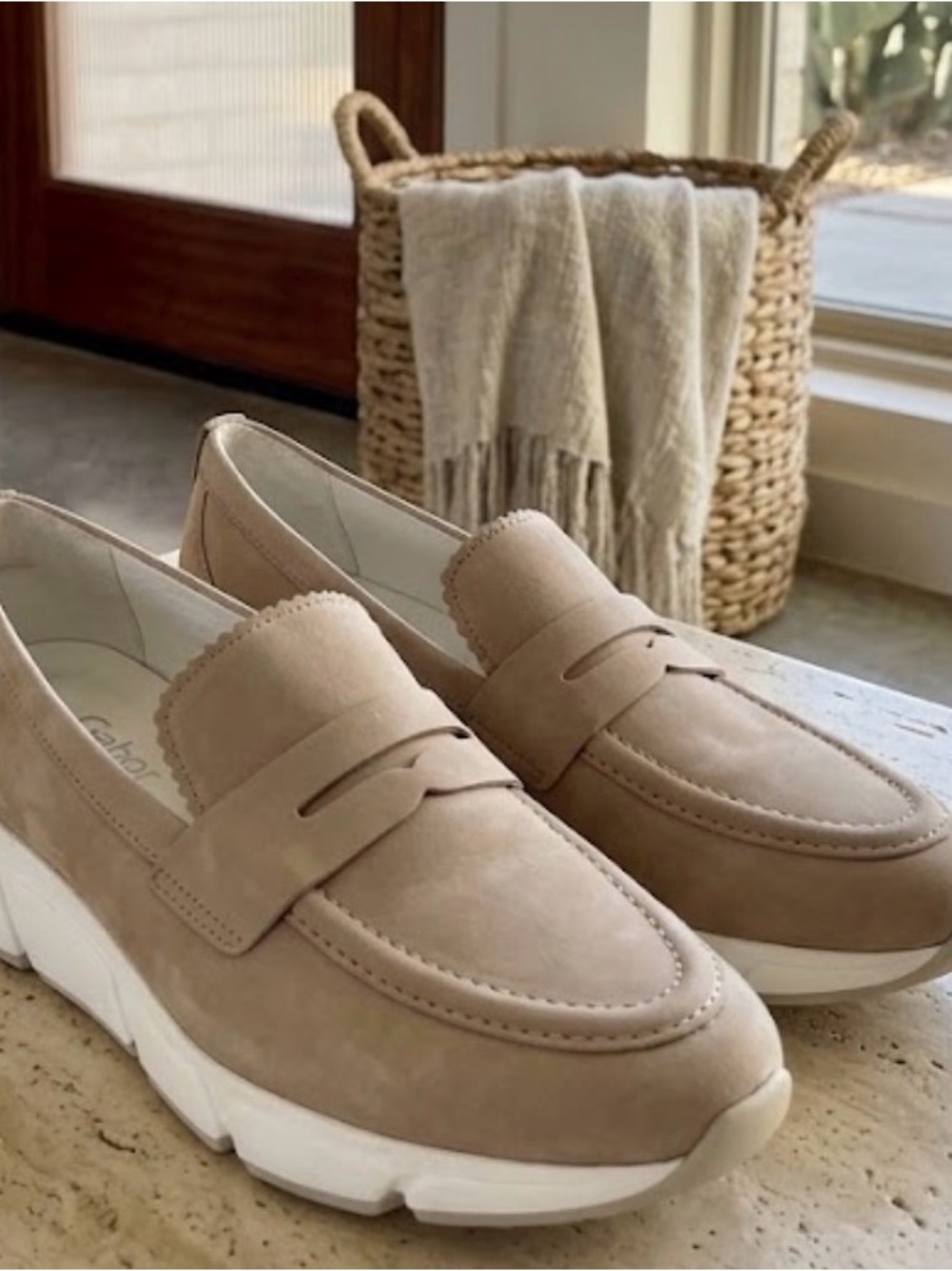 Gabor Beige Suede-Look Penny Loafers with White Platform Sole